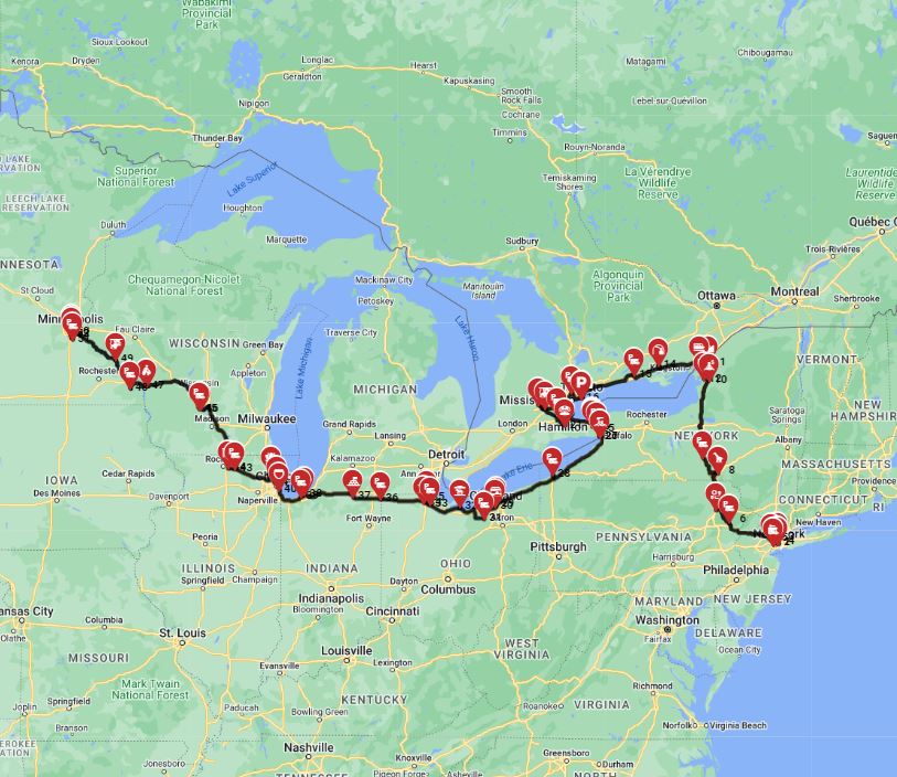 RV trip planner U.S.A New York to Minneapolis motorhome road trip route